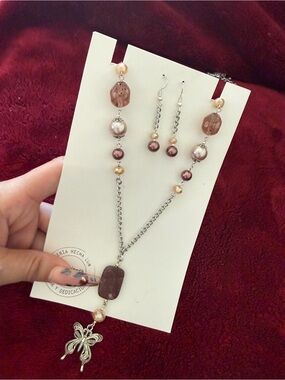Handcrafted Pink and Mauve Beaded Necklace & Earrings Set